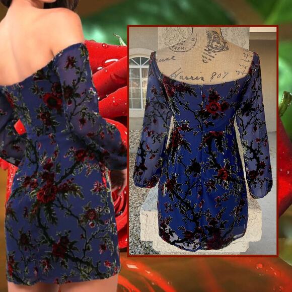 Lulus Magnificent Charm Navy Floral Burnout Velvet Off-the-Shoulder Dress Siz XL - Picture 4 of 12